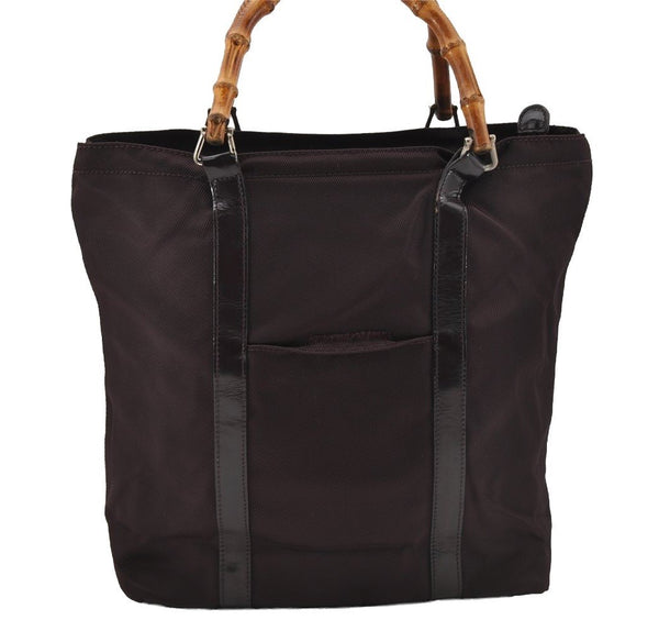 Authentic GUCCI Vintage Bamboo Tote Hand Bag Purse Nylon Leather Purple 0355J