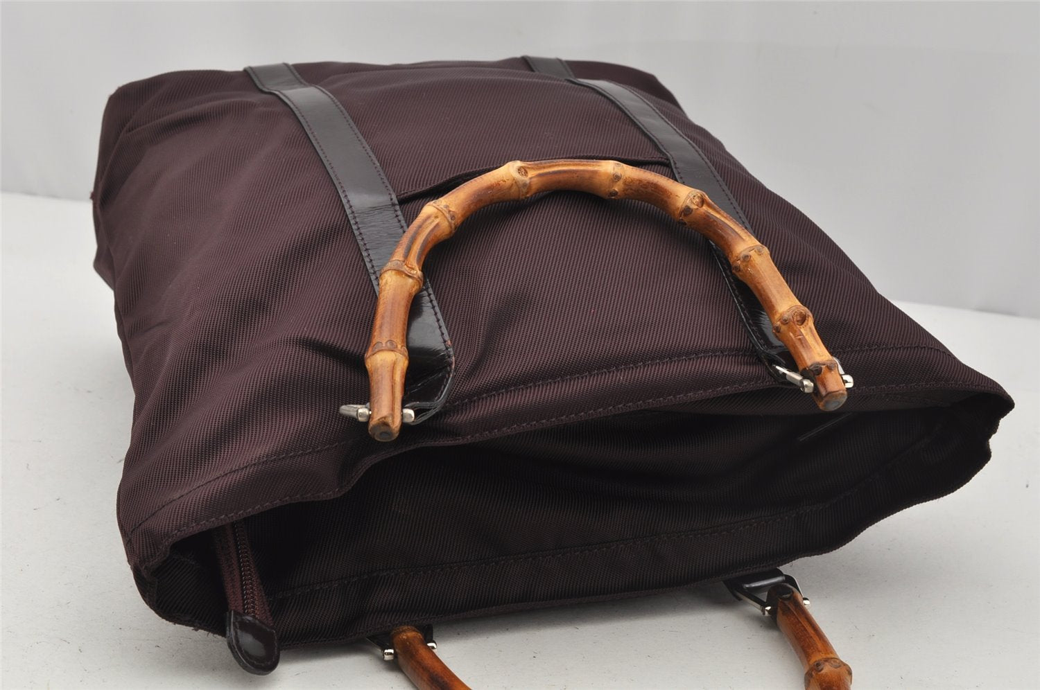 Authentic GUCCI Vintage Bamboo Tote Hand Bag Purse Nylon Leather Purple 0355J