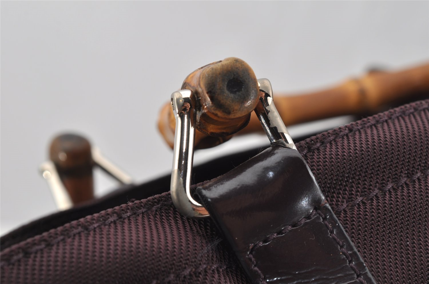 Authentic GUCCI Vintage Bamboo Tote Hand Bag Purse Nylon Leather Purple 0355J