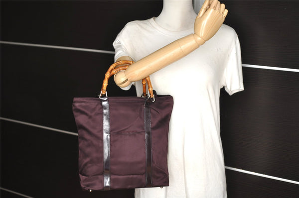 Authentic GUCCI Vintage Bamboo Tote Hand Bag Purse Nylon Leather Purple 0355J