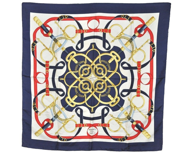 Authentic HERMES Carre 90 Scarf "Eperon d' or" Silk Navy Blue 0356J