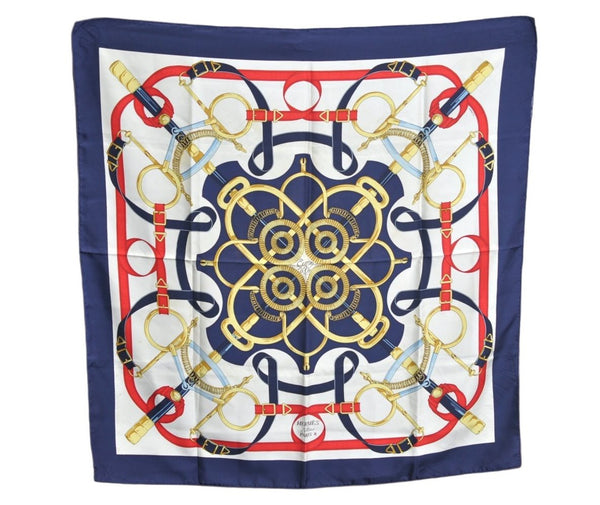 Authentic HERMES Carre 90 Scarf "Eperon d' or" Silk Navy Blue 0356J