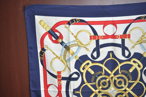 Authentic HERMES Carre 90 Scarf "Eperon d' or" Silk Navy Blue 0356J