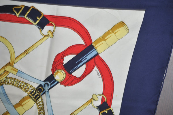 Authentic HERMES Carre 90 Scarf "Eperon d' or" Silk Navy Blue 0356J