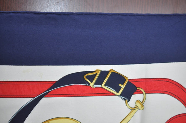 Authentic HERMES Carre 90 Scarf "Eperon d' or" Silk Navy Blue 0356J