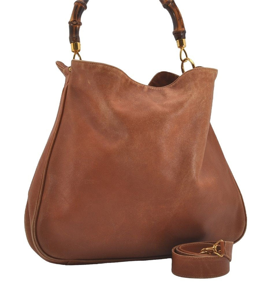 Authentic GUCCI Bamboo 2Way Shoulder Hand Bag Leather Brown 0358J