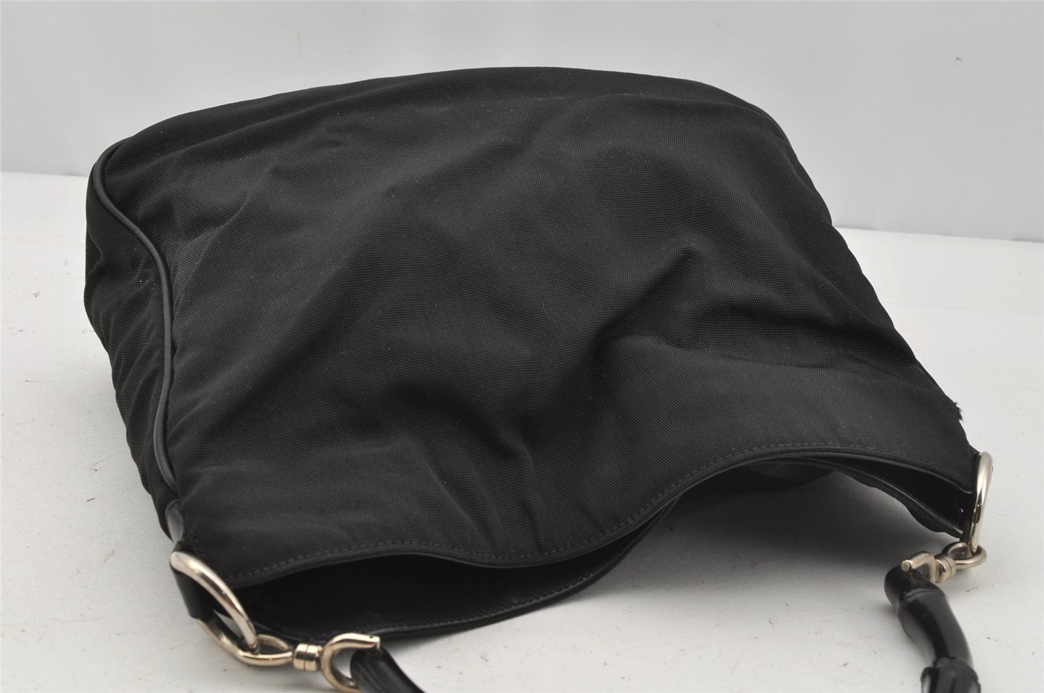Authentic GUCCI Bamboo Shoulder Hand Bag Purse Nylon Leather 0011638 Black 0359J