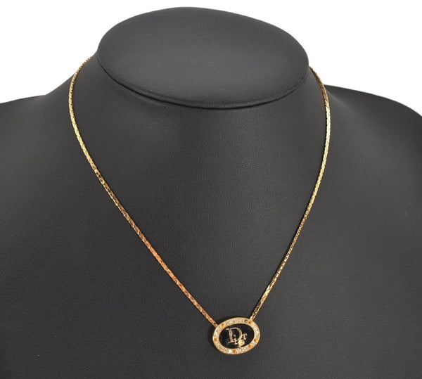 Authentic Christian Dior Gold Tone Chain Rhinestone Pendant Necklace CD 0359K