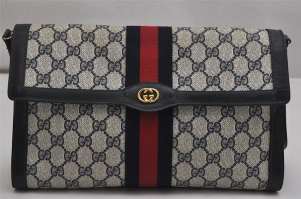 Authentic GUCCI Sherry Line Shoulder Cross Bag GG PVC Leather Navy Blue 0361K