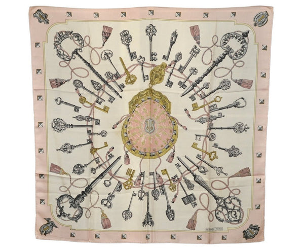 Authentic HERMES Carre 90 Scarf "LES CLES " Silk Light Pink 0367K