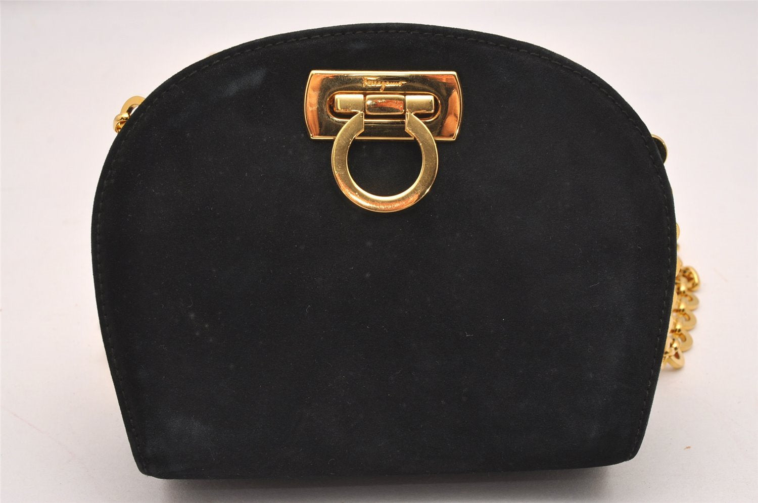 Auth Salvatore Ferragamo Gancini Suede Leather 2Way Shoulder Pouch Black 0370J