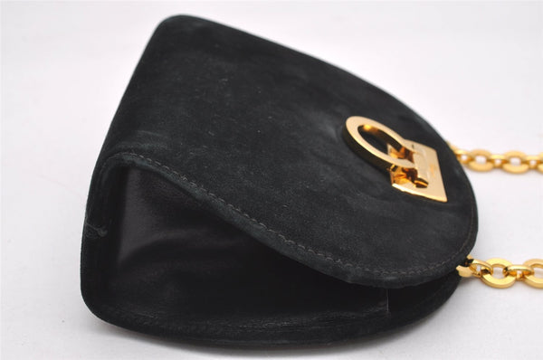 Auth Salvatore Ferragamo Gancini Suede Leather 2Way Shoulder Pouch Black 0370J