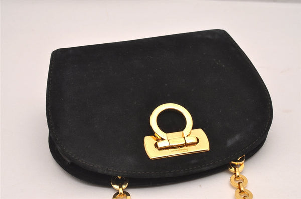 Auth Salvatore Ferragamo Gancini Suede Leather 2Way Shoulder Pouch Black 0370J