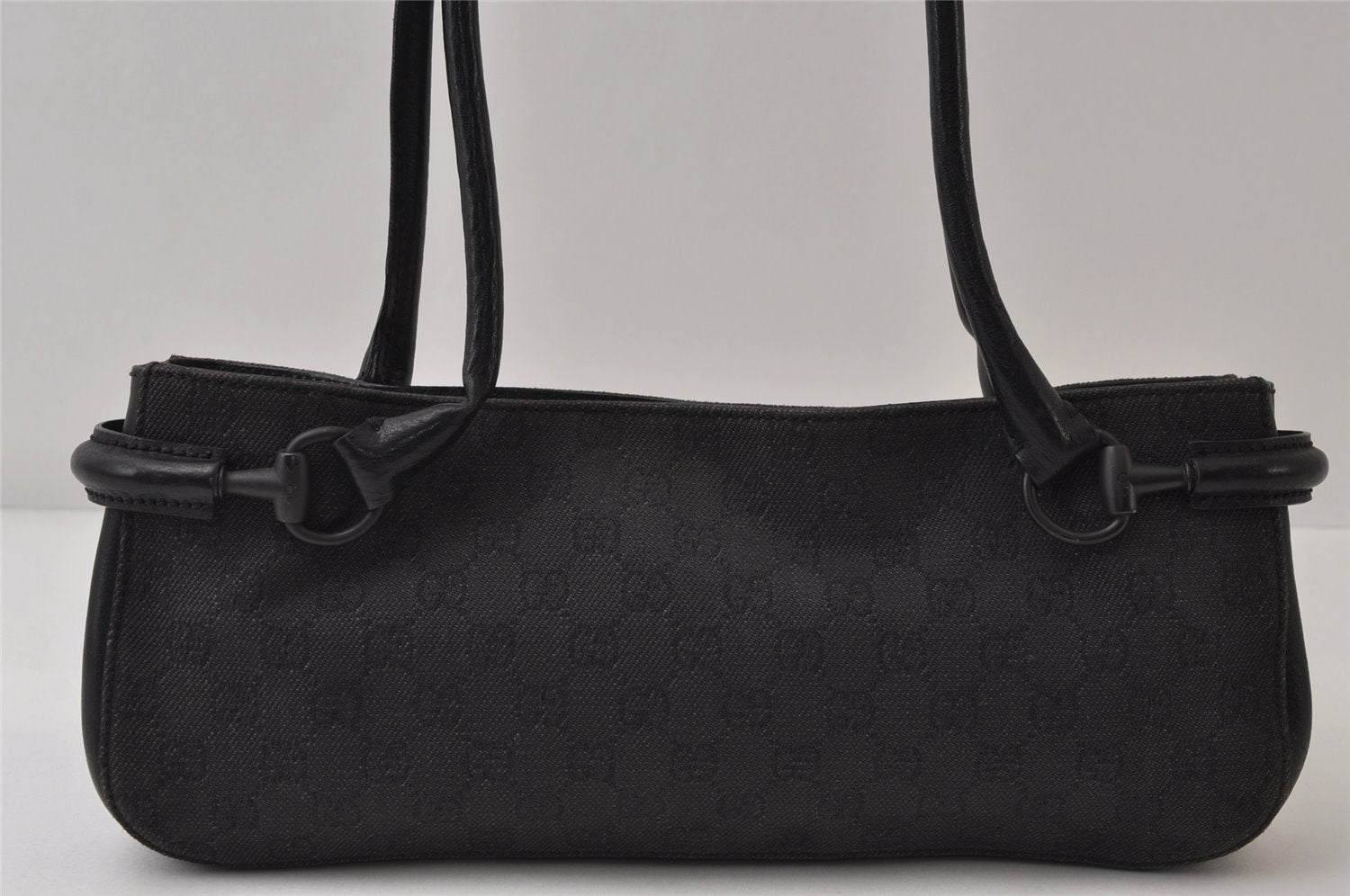 Authentic GUCCI Horsebit Shoulder Hand Bag GG Canvas Leather 101345 Black 0371J