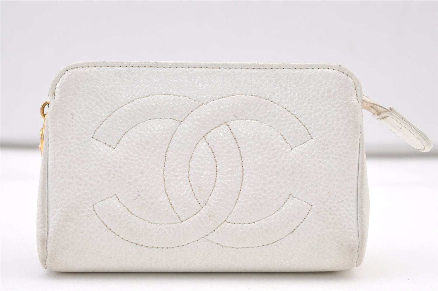 Authentic CHANEL Caviar Skin CoCo Mark Cosmetic Pouch Purse White Junk 0371K