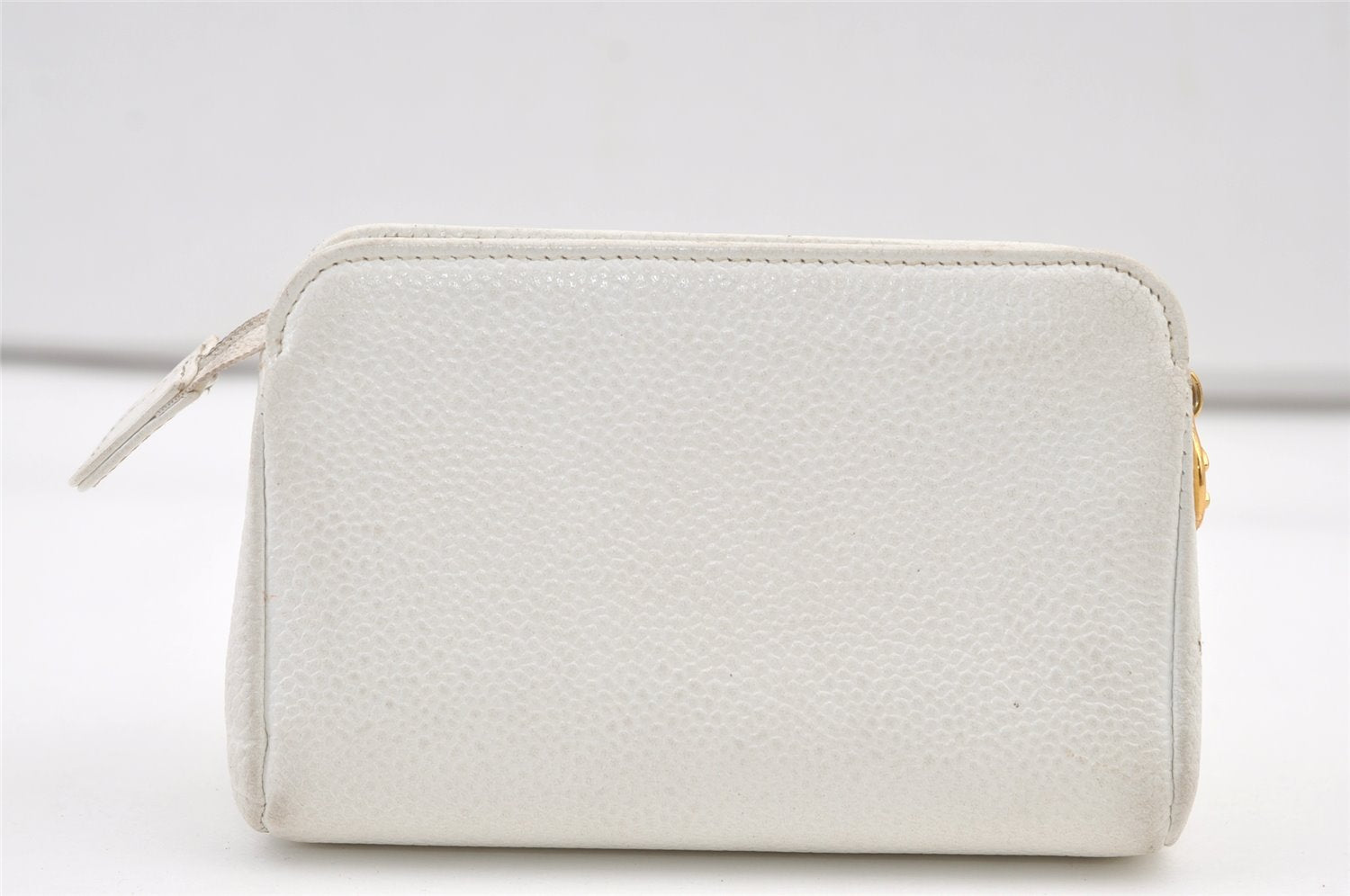 Authentic CHANEL Caviar Skin CoCo Mark Cosmetic Pouch Purse White Junk 0371K