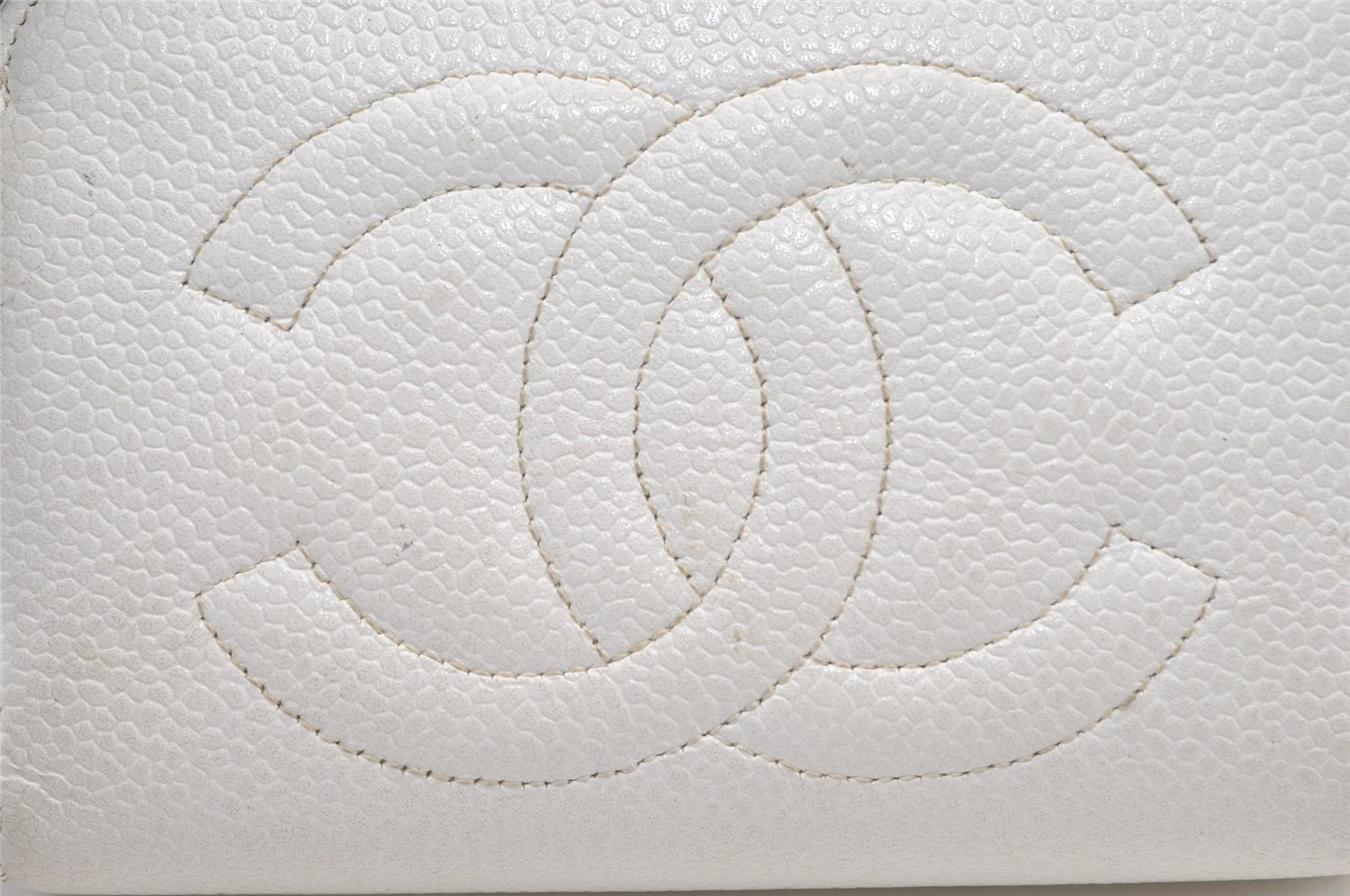 Authentic CHANEL Caviar Skin CoCo Mark Cosmetic Pouch Purse White Junk 0371K