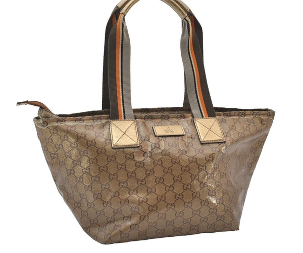 Authentic GUCCI GG Crystal Shoulder Tote Bag GG PVC Leather 131230 Gold 0372J
