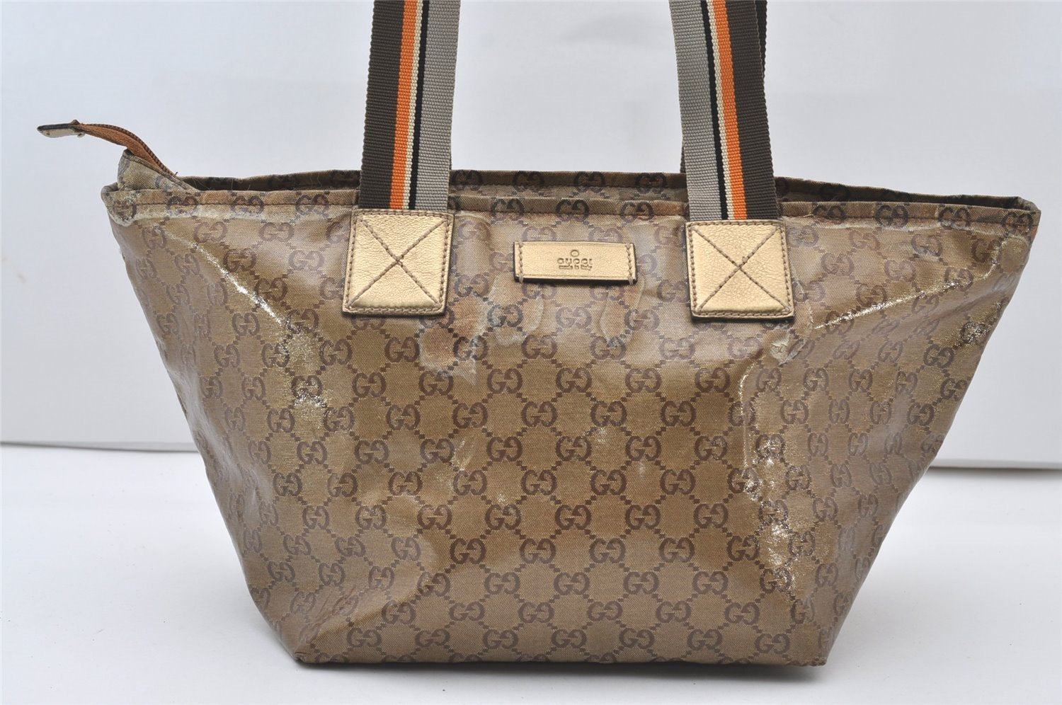 Authentic GUCCI GG Crystal Shoulder Tote Bag GG PVC Leather 131230 Gold 0372J