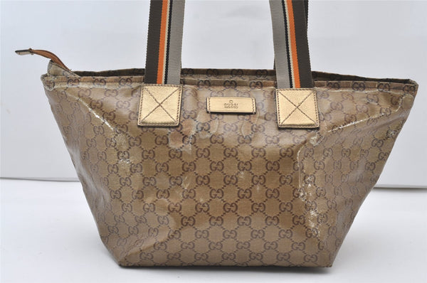 Authentic GUCCI GG Crystal Shoulder Tote Bag GG PVC Leather 131230 Gold 0372J