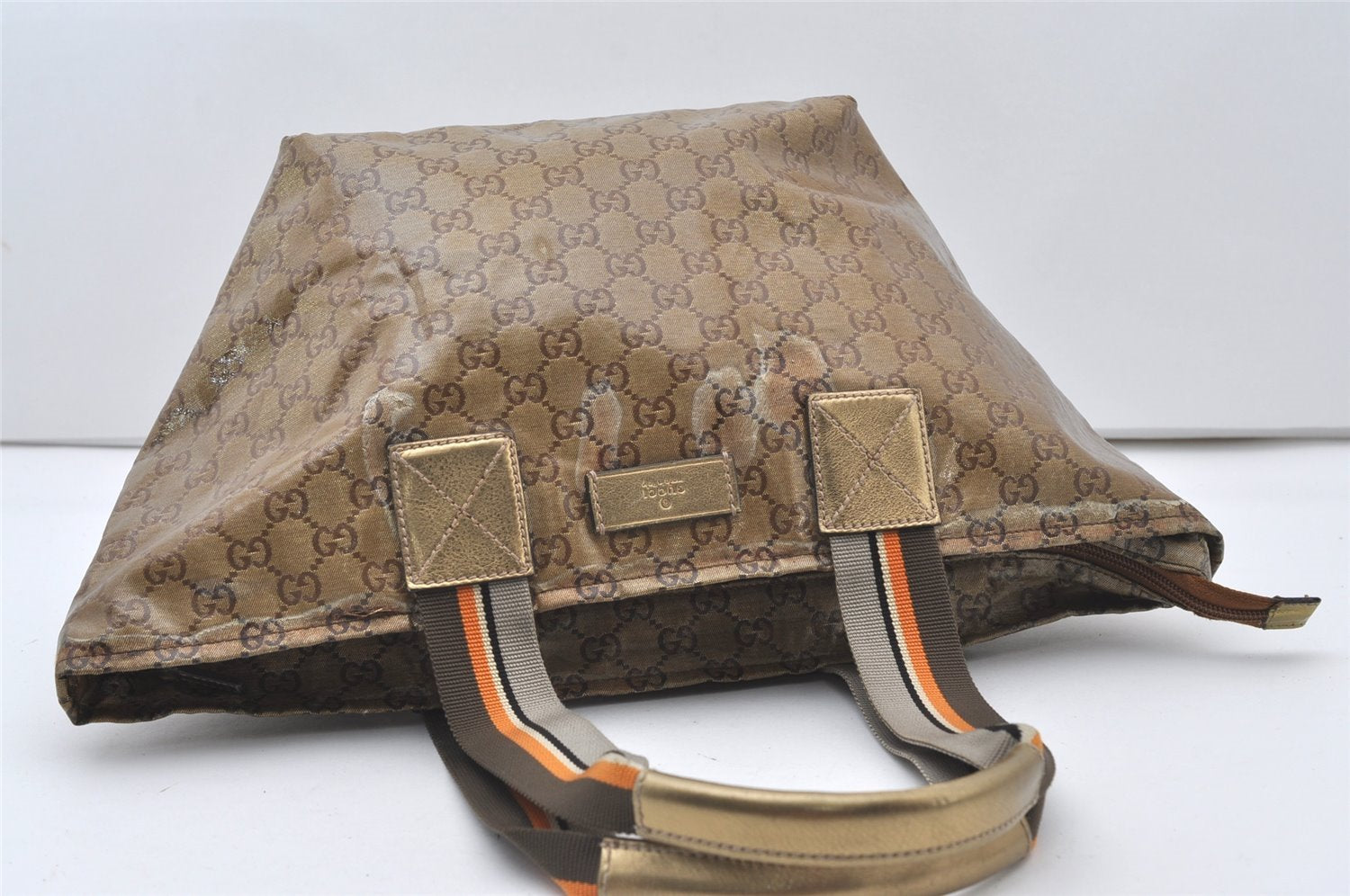 Authentic GUCCI GG Crystal Shoulder Tote Bag GG PVC Leather 131230 Gold 0372J