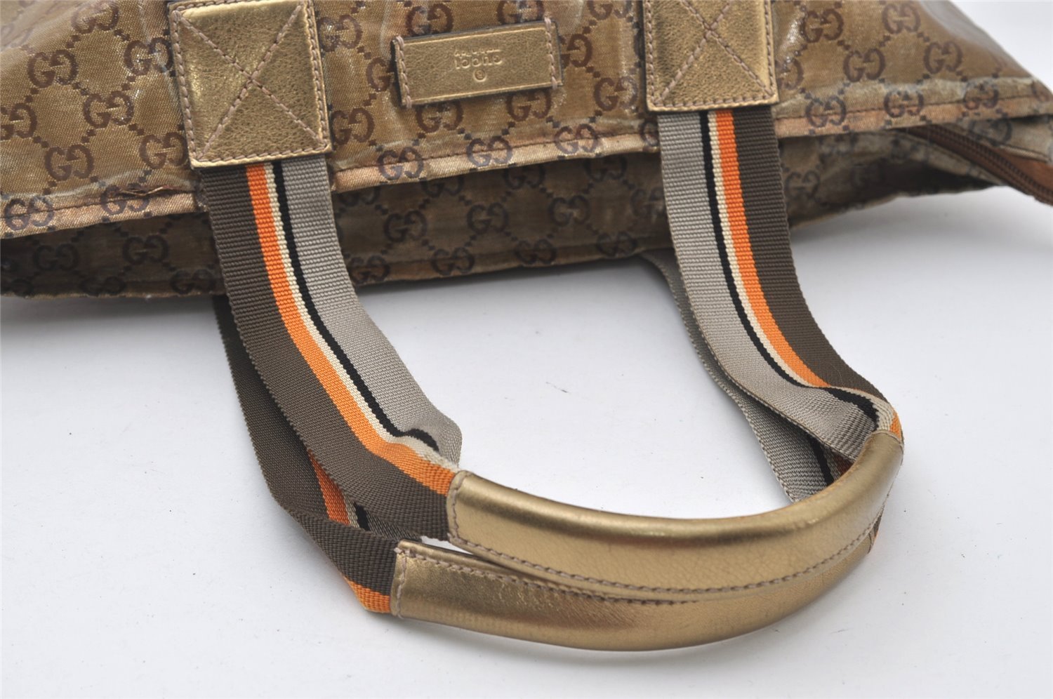 Authentic GUCCI GG Crystal Shoulder Tote Bag GG PVC Leather 131230 Gold 0372J