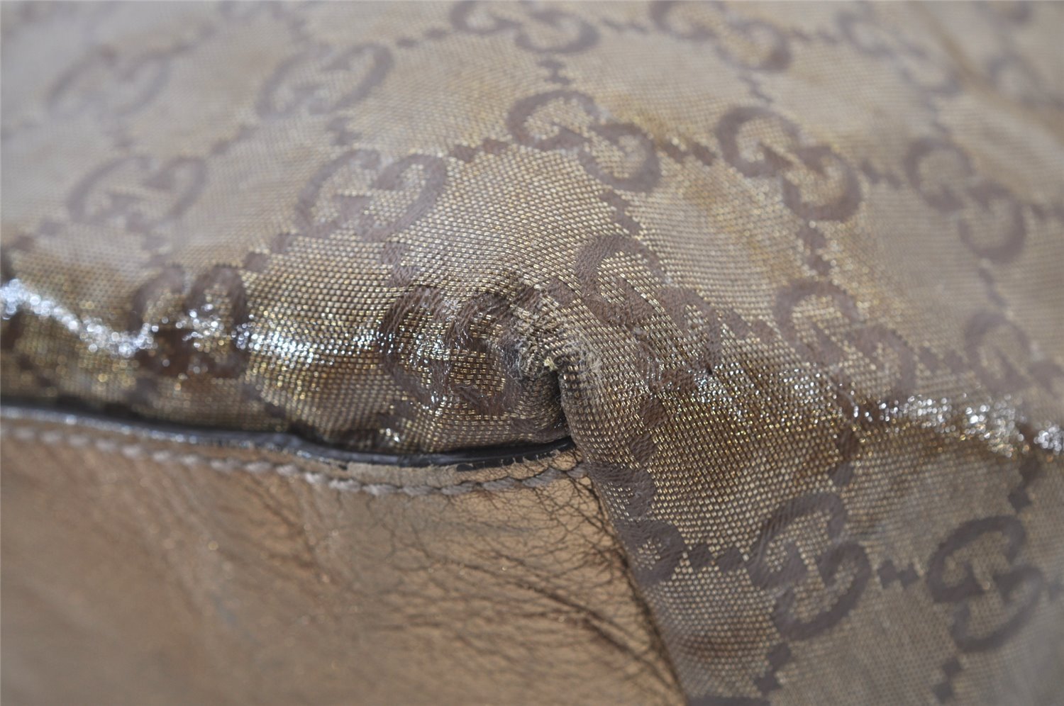 Authentic GUCCI GG Crystal Shoulder Tote Bag GG PVC Leather 131230 Gold 0372J