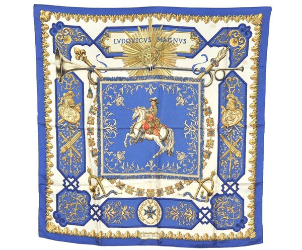 Authentic HERMES Carre 90 Scarf "LVDOVICVS MAGNVS" Silk Blue 0373J