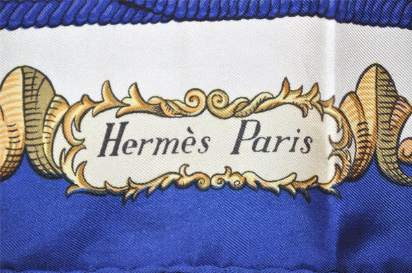 Authentic HERMES Carre 90 Scarf "LVDOVICVS MAGNVS" Silk Blue 0373J