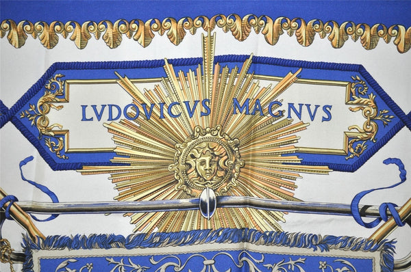 Authentic HERMES Carre 90 Scarf "LVDOVICVS MAGNVS" Silk Blue 0373J