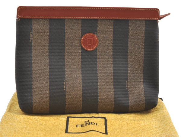 Authentic FENDI Pequin Clutch Hand Bag Purse PVC Leather Brown Black 0373K