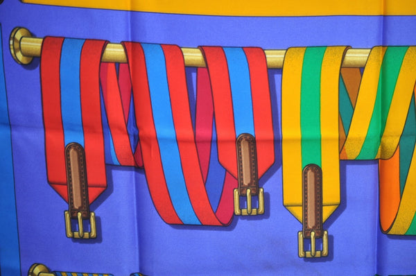 Authentic HERMES Carre 90 Scarf "Les Sangles" Silk Navy Blue 0374J