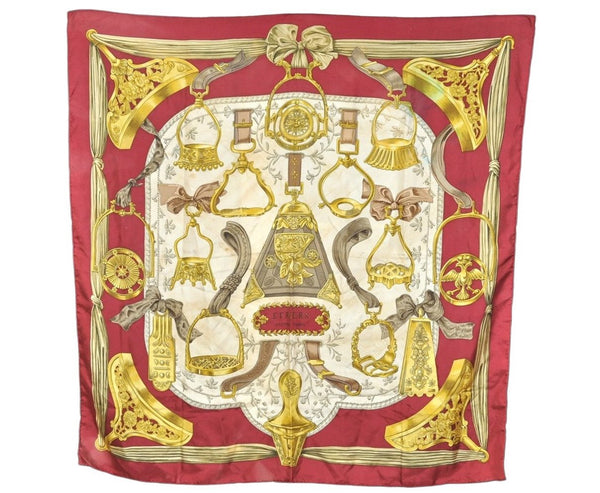 Authentic HERMES Carre 90 Scarf "ETRIERS" Silk Bordeaux Red 0374K