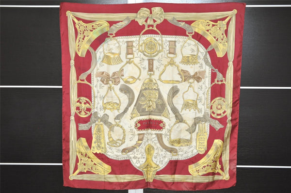 Authentic HERMES Carre 90 Scarf "ETRIERS" Silk Bordeaux Red 0374K