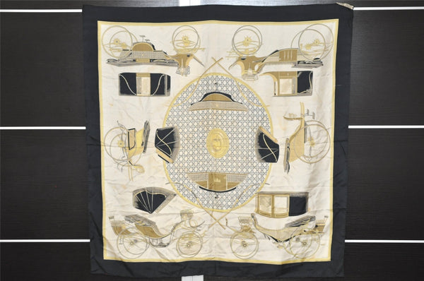 Authentic HERMES Carre 90 Scarf "LES VOITURES A TRANSFORMATION" Silk Black 0375K