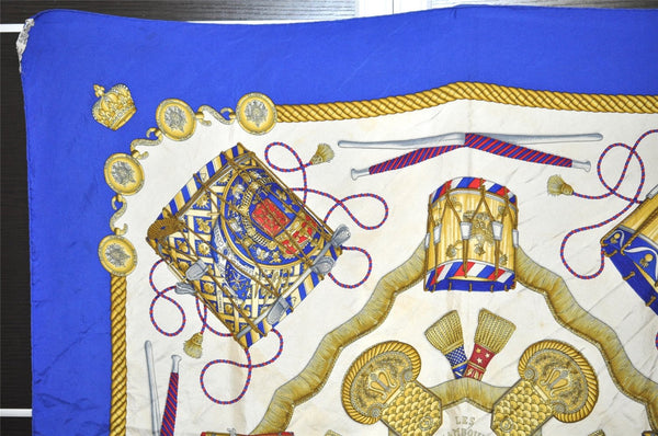 Authentic HERMES Carre 90 Scarf "LES TAMBOURS" Silk Blue 0376K