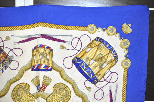 Authentic HERMES Carre 90 Scarf "LES TAMBOURS" Silk Blue 0376K