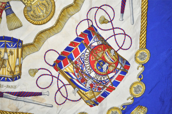 Authentic HERMES Carre 90 Scarf "LES TAMBOURS" Silk Blue 0376K