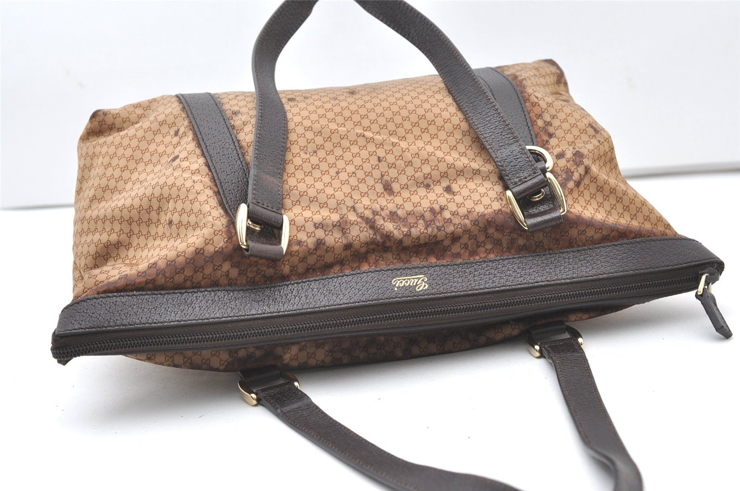 Authentic GUCCI Micro GG Nylon Leather Abbey Shoulder Tote Bag Brown 0389J