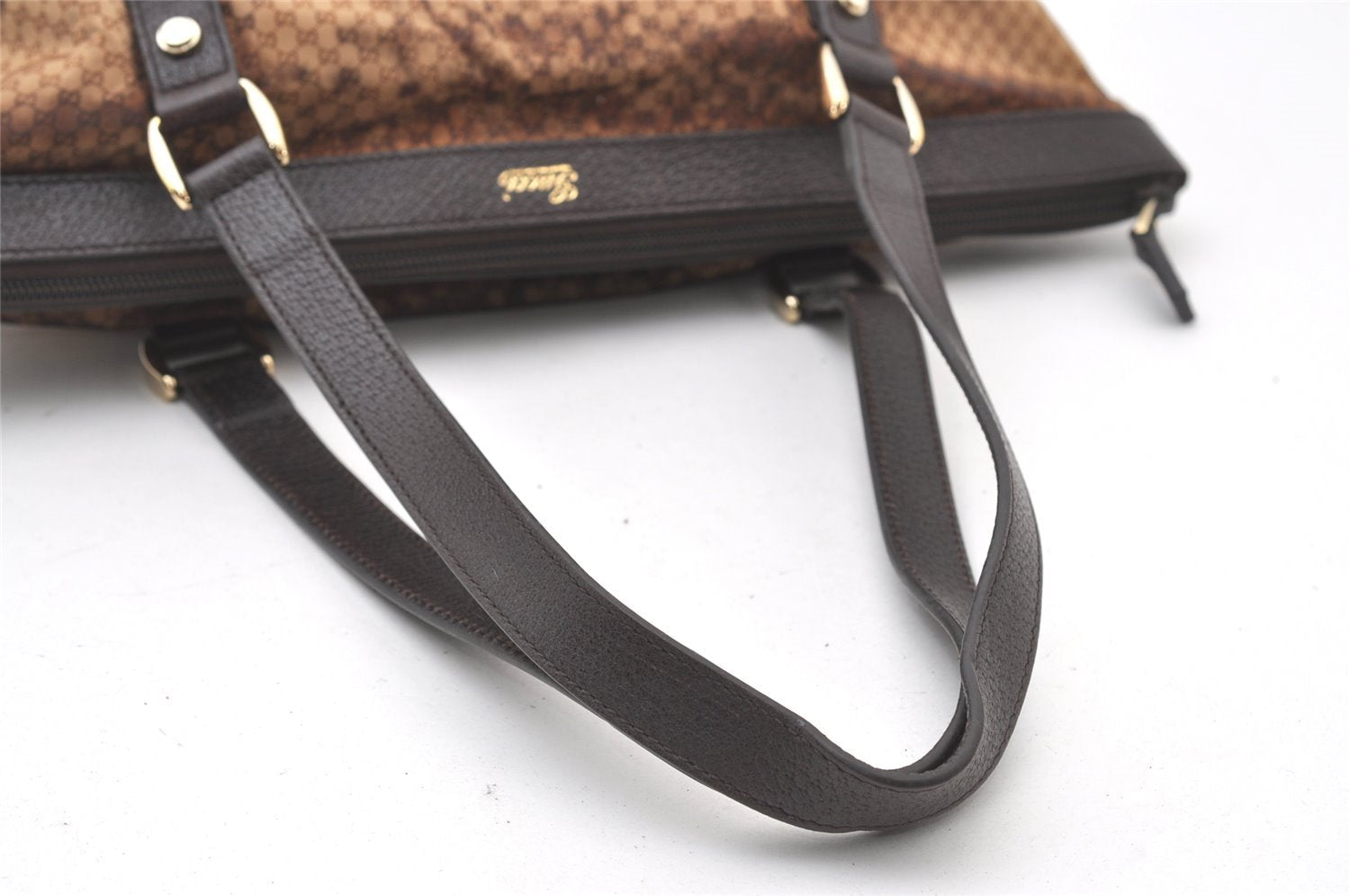 Authentic GUCCI Micro GG Nylon Leather Abbey Shoulder Tote Bag Brown 0389J