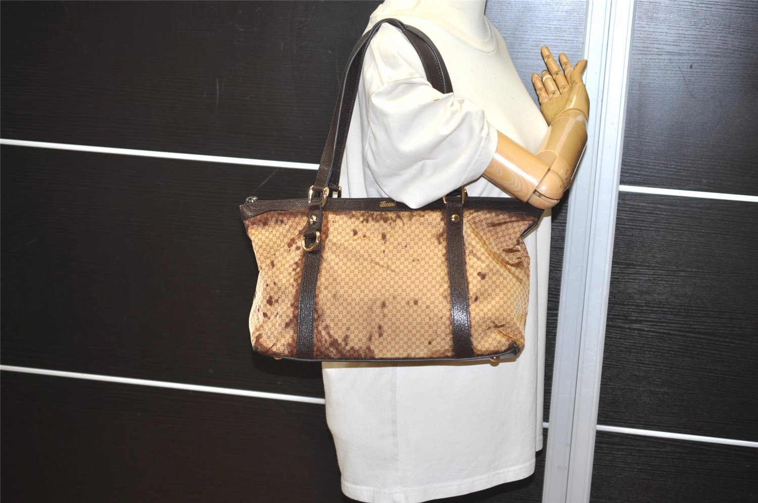 Authentic GUCCI Micro GG Nylon Leather Abbey Shoulder Tote Bag Brown 0389J