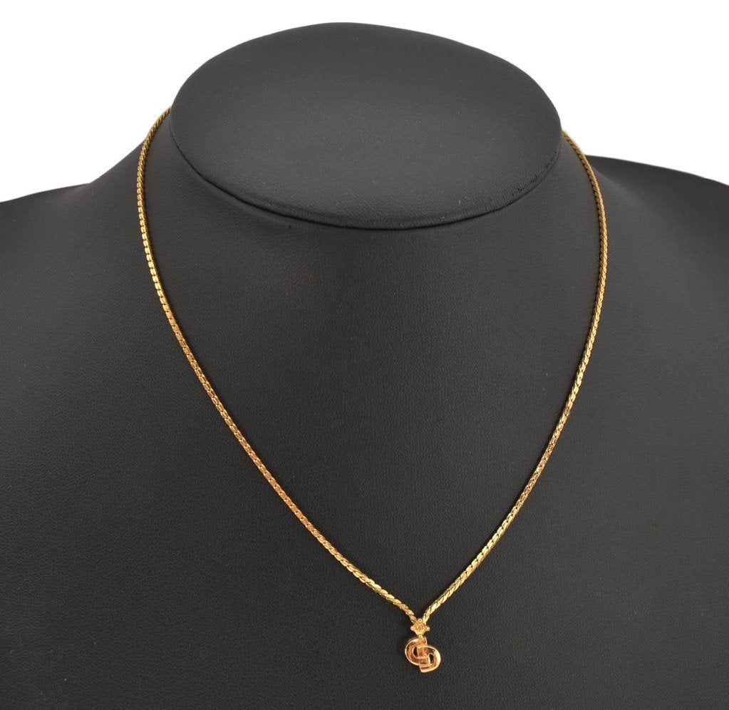 Authentic Christian Dior Gold Tone Chain Rhinestone Pendant Necklace CD 0391K