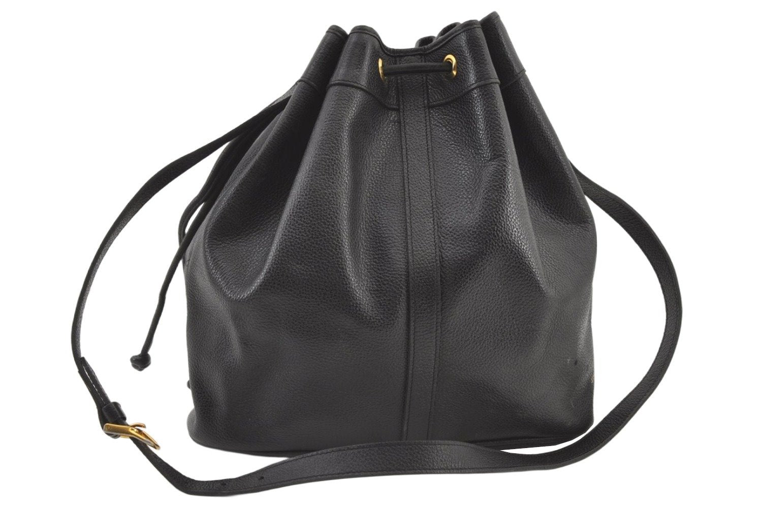 Authentic YVES SAINT LAURENT Shoulder Drawstring Bag Purse Leather Black 0396K