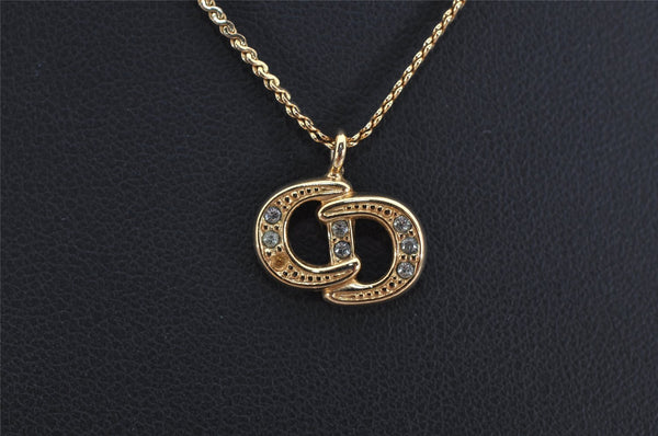 Authentic Christian Dior Gold Tone Chain Rhinestone Pendant Necklace CD 0398K