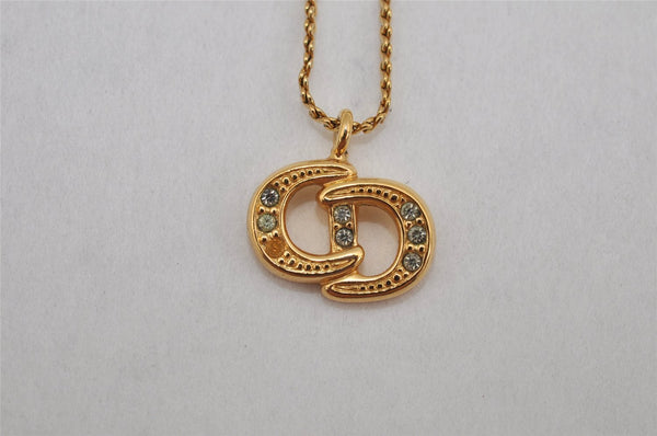 Authentic Christian Dior Gold Tone Chain Rhinestone Pendant Necklace CD 0398K