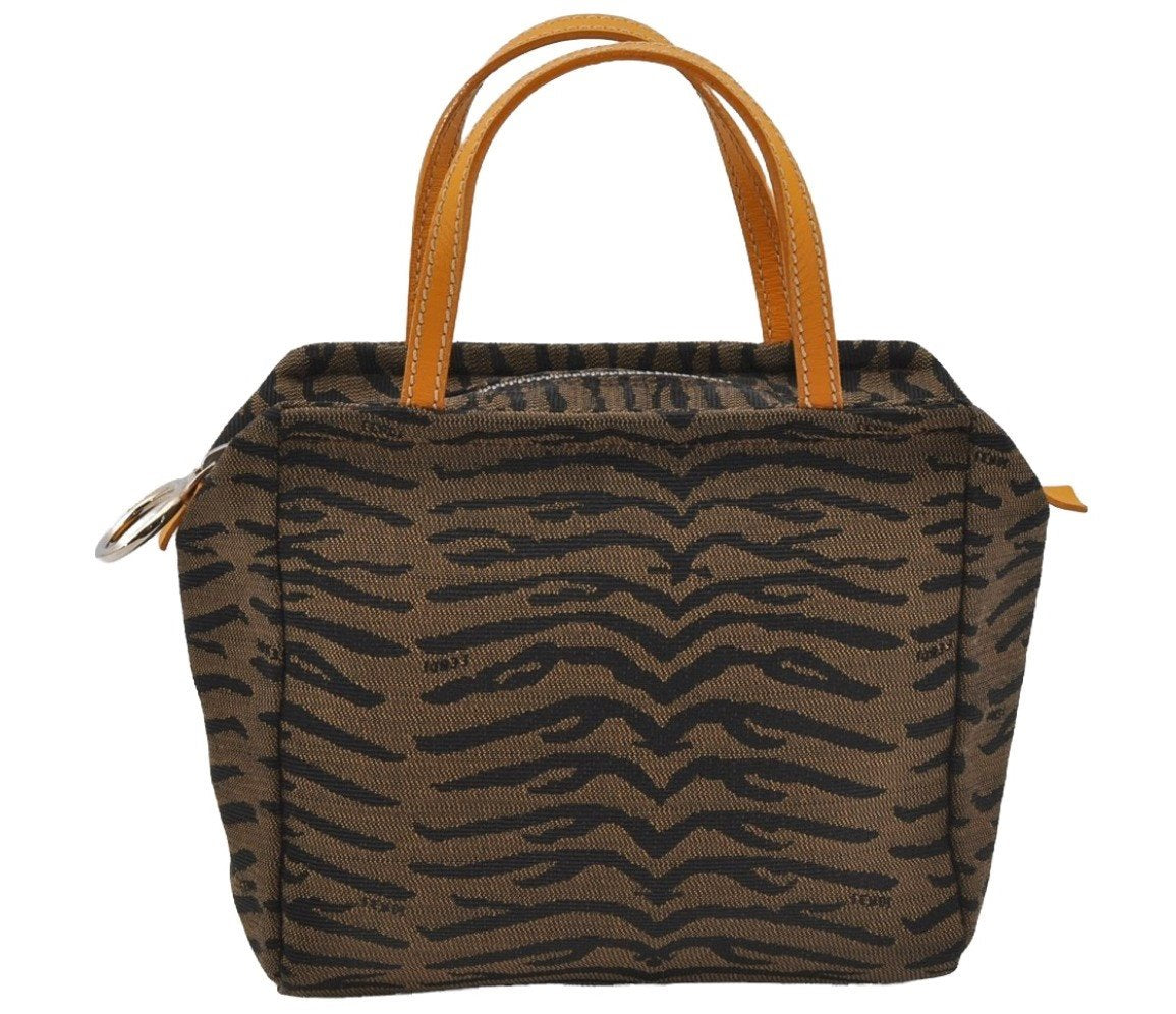 Authentic FENDI Vintage Zebra Pattern Hand Bag Purse Canvas Leather Brown 0406J