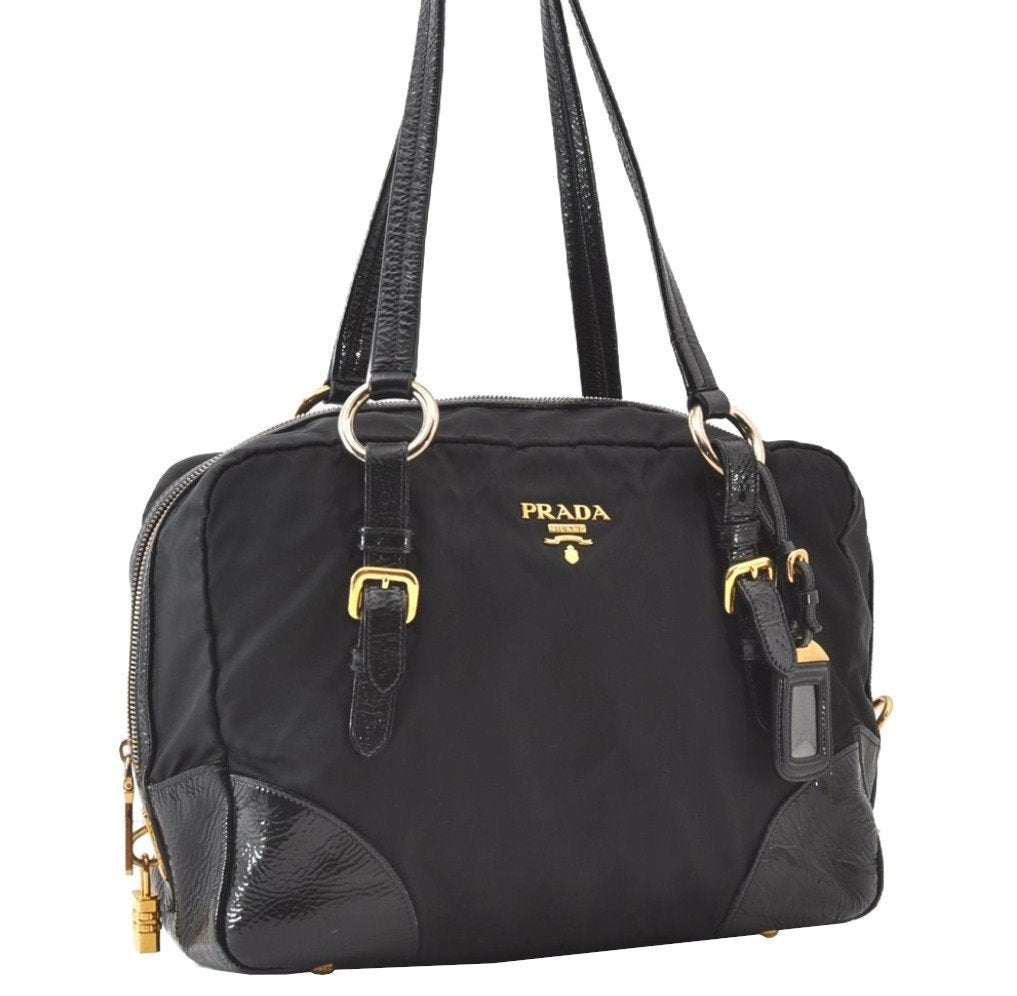 Authentic PRADA Vintage Nylon Tessuto Enamel Shoulder Bag Black 0408J