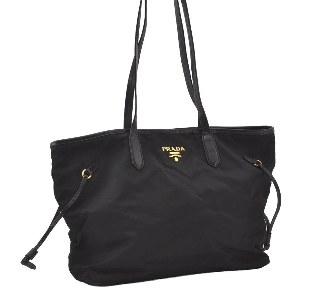 Authentic PRADA Vintage Nylon Tessuto Leather Shoulder Tote Bag Black 0413J