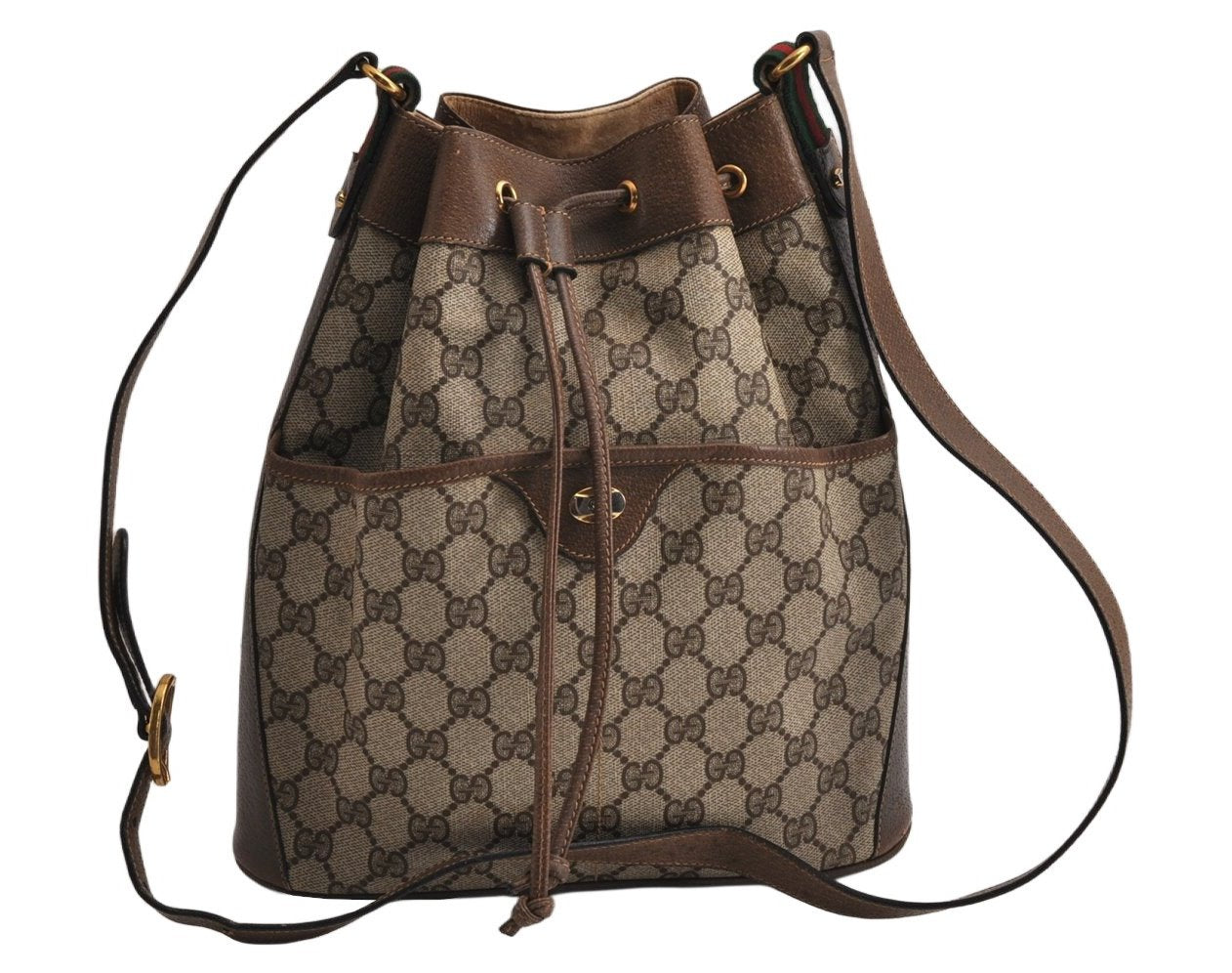 Authentic GUCCI Web Sherry Line Drawstring Bag GG PVC Leather Brown Junk 0417K