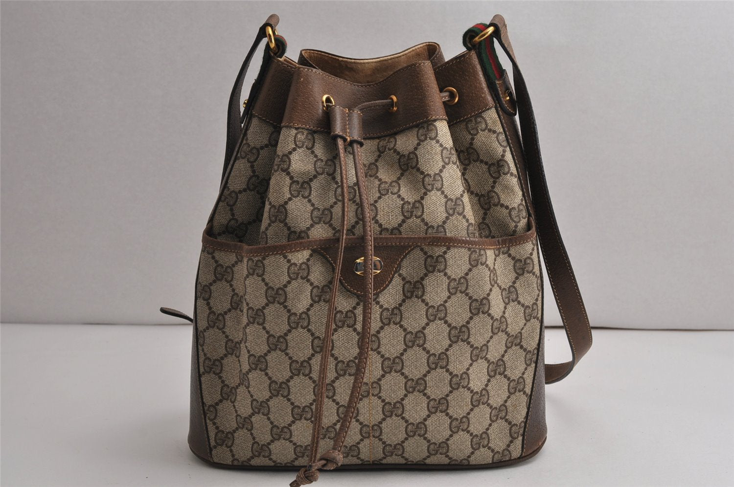 Authentic GUCCI Web Sherry Line Drawstring Bag GG PVC Leather Brown Junk 0417K